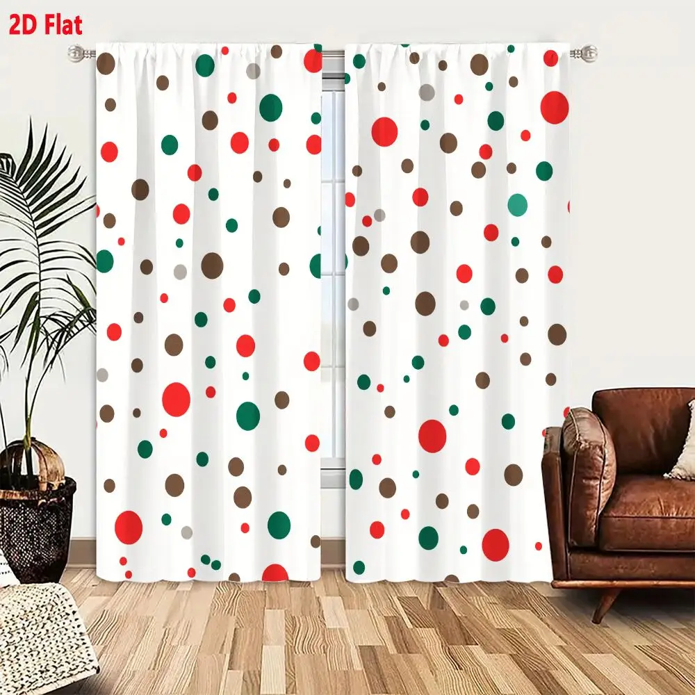 2Pcs Curtains 2D Flat Polka Dot Pattern With Red Green And Brown Dots On White Background Window Drapes for Bedroom Room Decor D