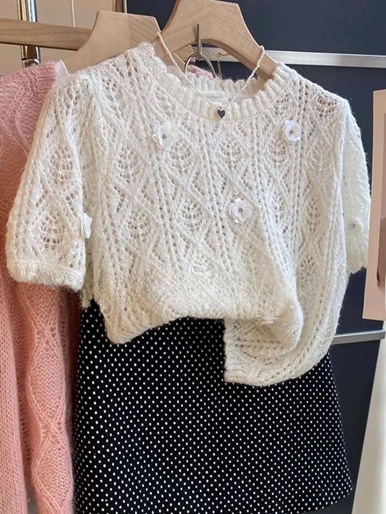 Fashionable Short Sleeve Knitted Top Hollow out Hook Design Summer Floral Base Shirt Overhead Women's Clothing Commute Style