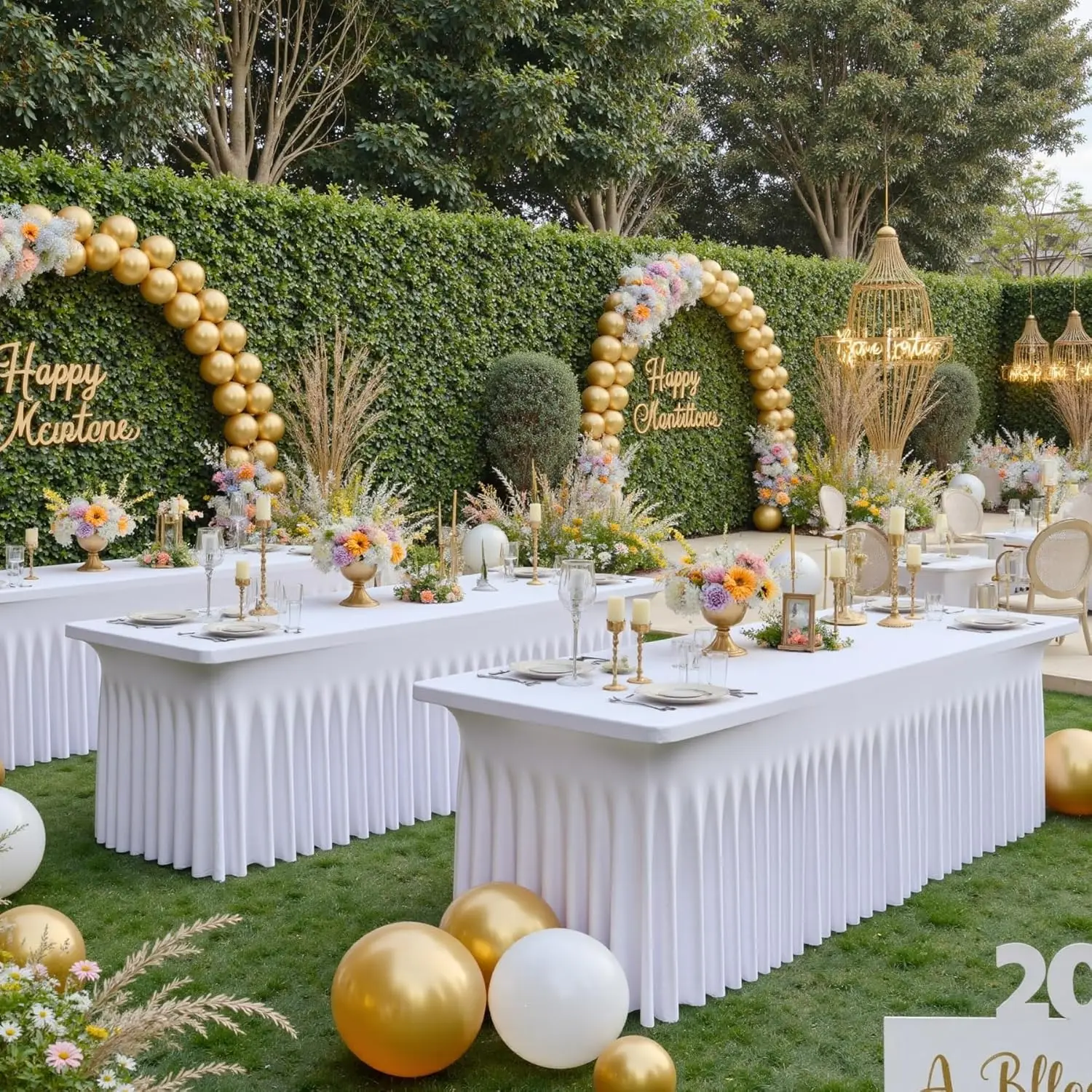4/5/6/8Ft Spandex Tablecloth,Wrinkle Free Fitted Table Cloth Cover with Skirt for Parties Weddings Birthday Banquet Baby Shower