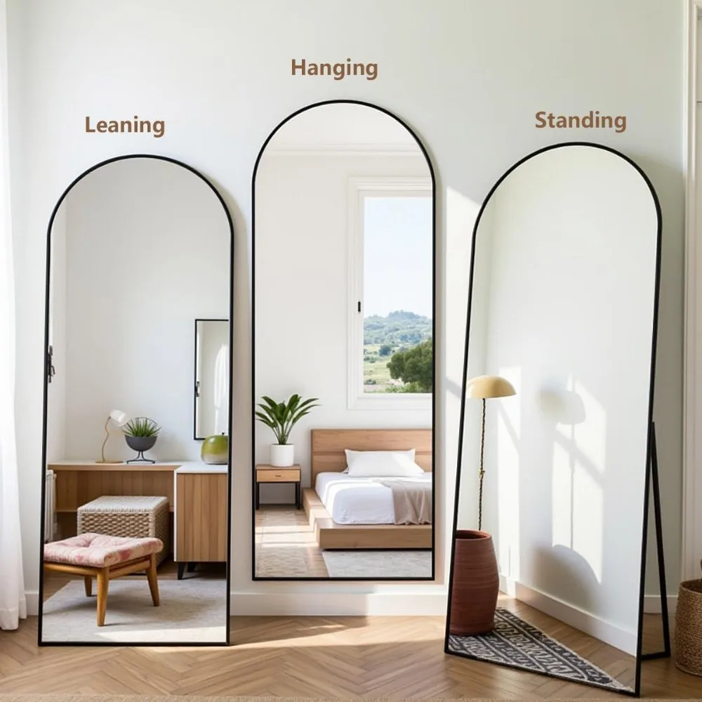 Miroirs muraux à dessus arqué pleine longueur – Miroirs de sol autoportants pour chambre à coucher avec un design en arc élégant