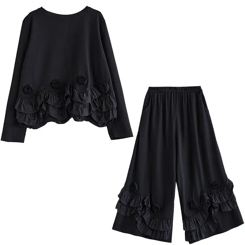 Women 2 Piece Outfit Set Ruffle Floral Applique Blouse Wide Leg Pants Loose Casual Two-Piece Set Autumn Winter Tracksuit