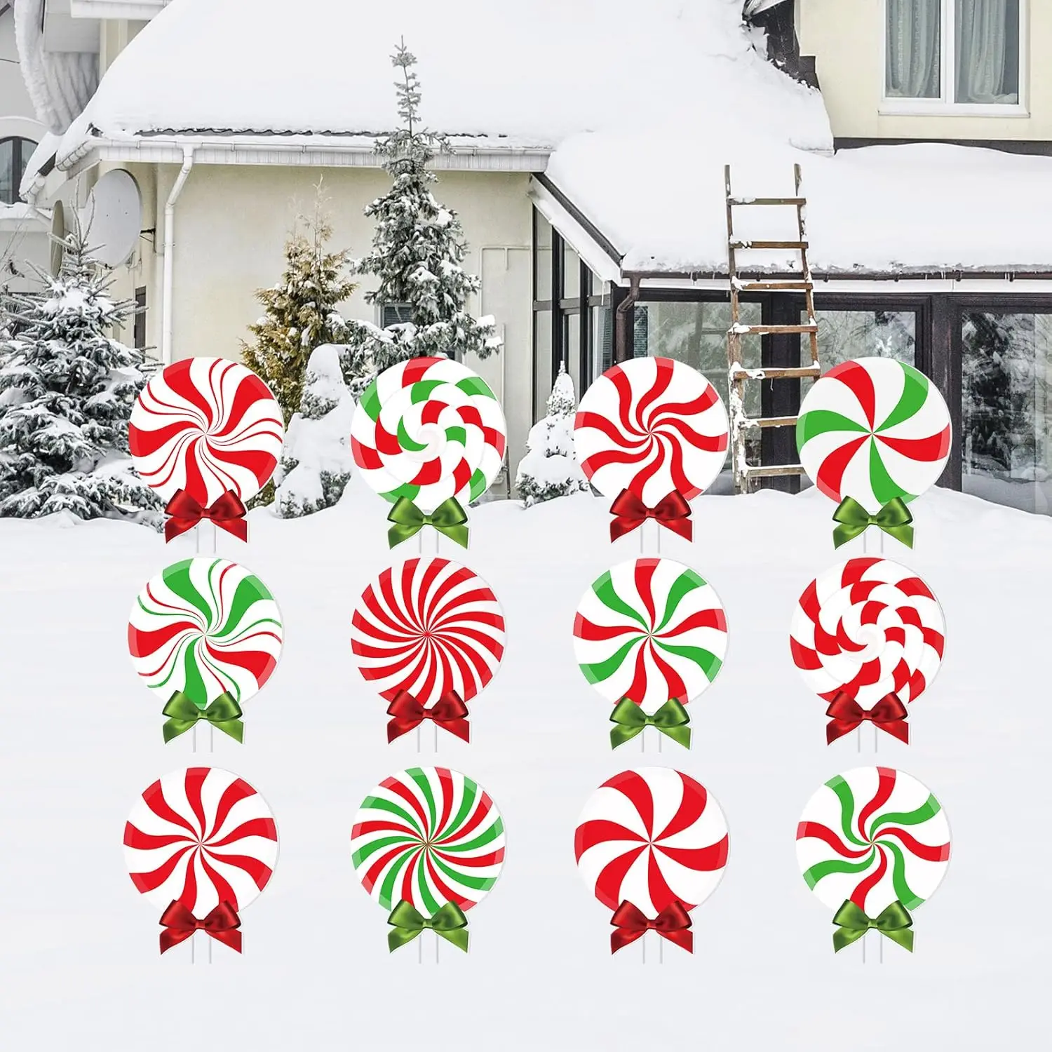 12 Pcs Christmas Outdoor Yard Sign Peppermint Corrugated Yard Decorations with Stakes and Bow Xmas Yard Decor Candy Garden Sign