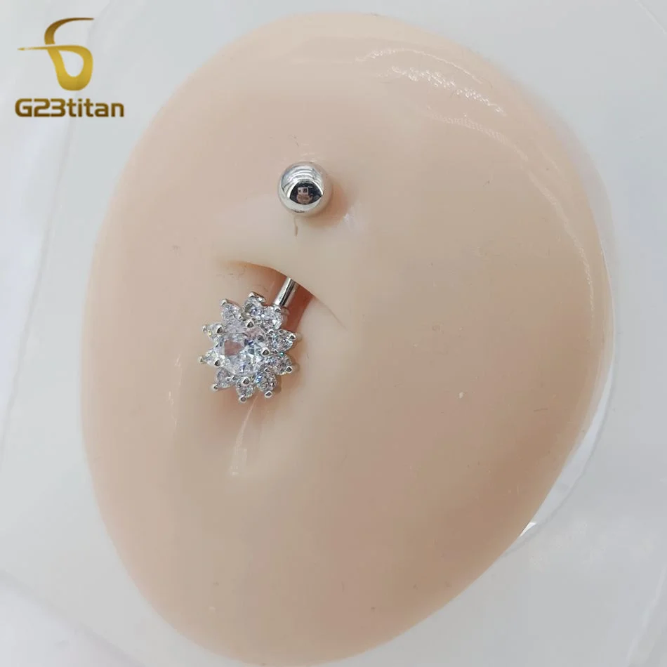 G23titan White CZ Zircon Flower Belly Button Ring Surgical Titanium Barbell 14G Body Jewelry Decoration Navel Ombligo Piercing