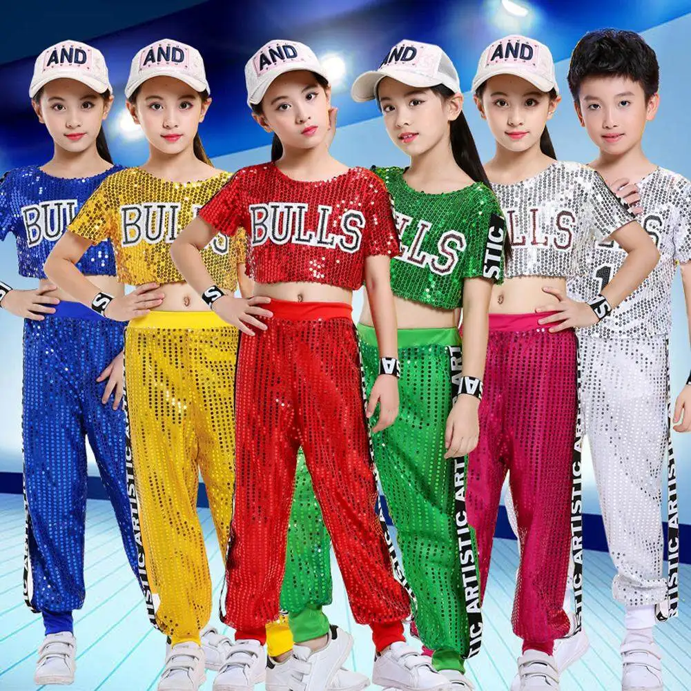 LOLANTA Kids Jazz Sequins Dance Costume Children Hip Hop School Team Activities Performance Outfits Tshirt&Pants Set