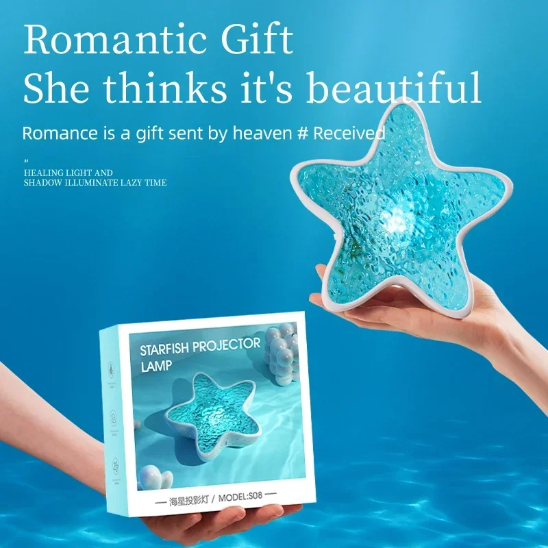 Starfish LED Ambient Light Rechargeable Water Ripple Projector Lamp Romantic Night Light for Bedroom Home Decor Christmas Gift