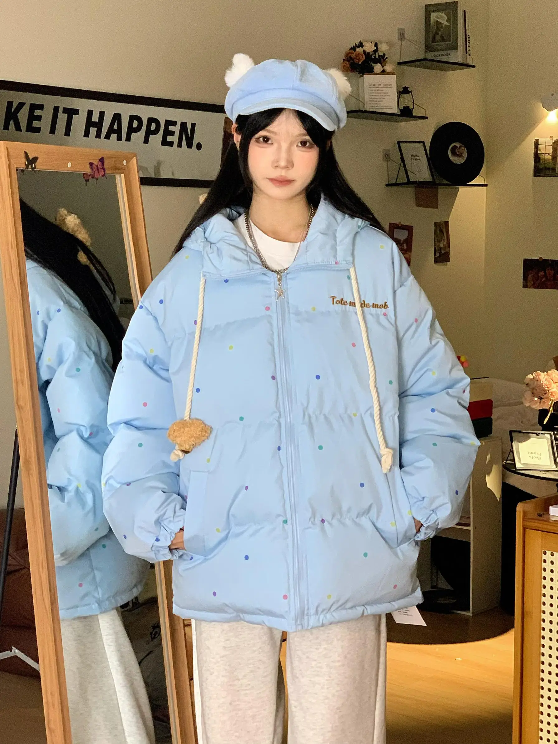 

Cute Polka Dot Stand Collar Cotton Jaet Women's Bread Sle Bear Design Loose Fit Autumn Winter Coat Sweet School Sle