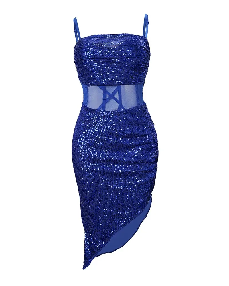 Kontrast Mesh Spaghetti Strap Slit Pailletten Kleid Frauen Frühling Sommer Ärmellose Hohe Taille Knielangen Sexy, Figurbetontes Kleid