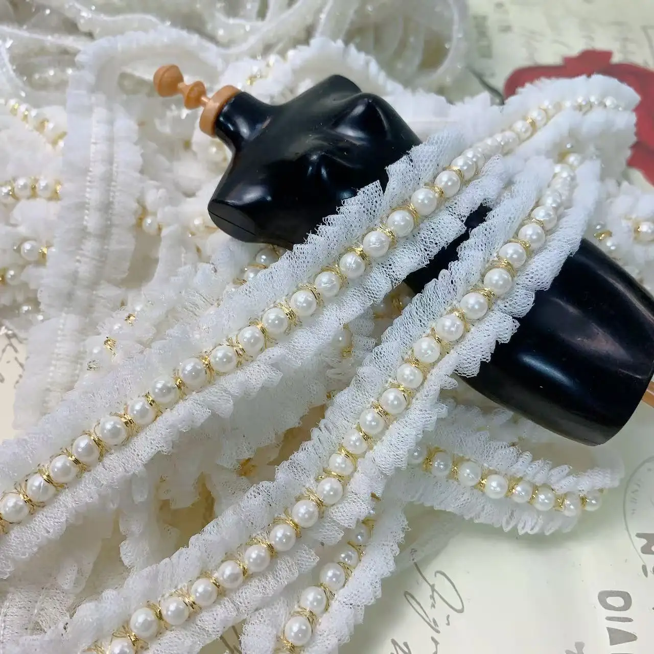2CM wide small fragrant white pearl lace lace woven belt clothing pet baby clothes handmade DIY decoration
