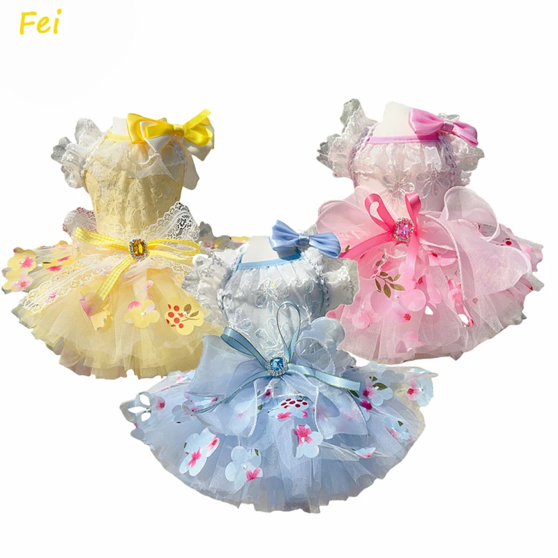 

Summer Pink Yellow Blue Pet Dog Clothes Fashion Hollow Lace Bow Party Dresses For Small Medium Dog Chihuahua Poodle Dog Overalls