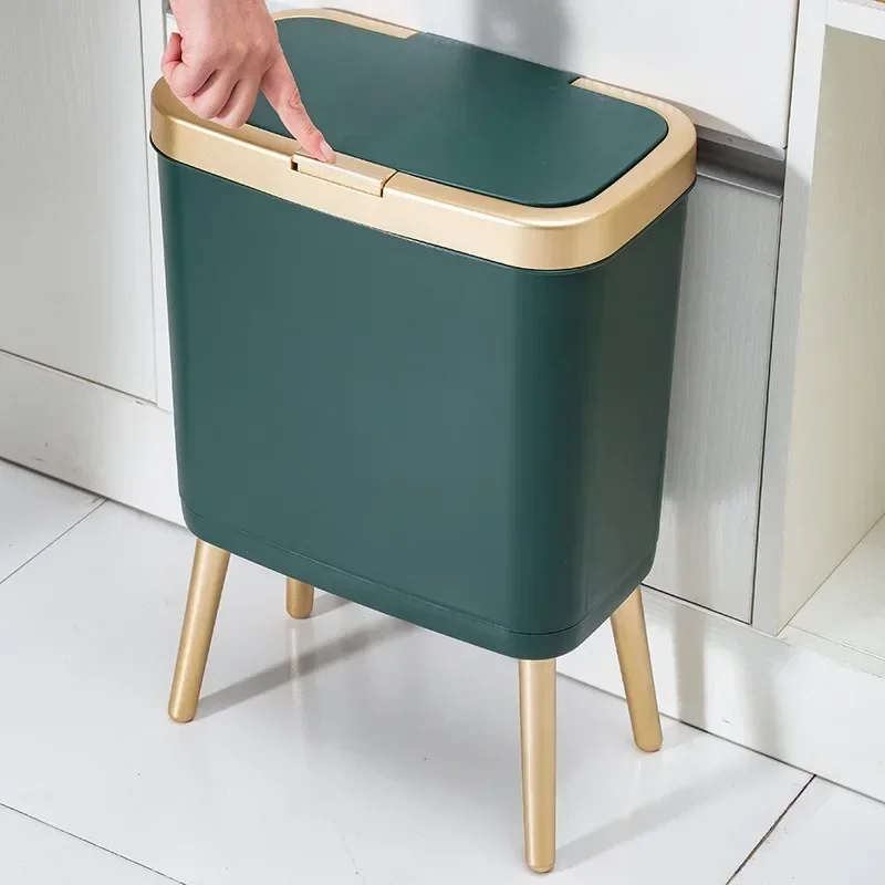 15L Press Type Waste Bin Nordic Trash Can with High Legs Narrow Slit Waste Basket with Lid Kitchen Bedroom Toilet Garbage Bins