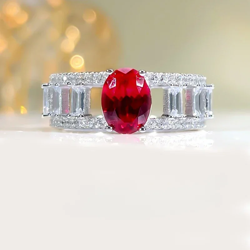 Desire Fashion Artificial Red Treasure 925 Silver Ring Inlaid with Imported High Carbon Diamonds, Versatile to the Crowd