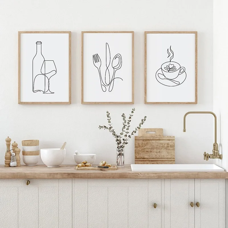 Kitchen Line Drawing Modern Posters Prints Canvas Painting Wall Art Picture Restaurant Dining Room Decor Housewarming Gift