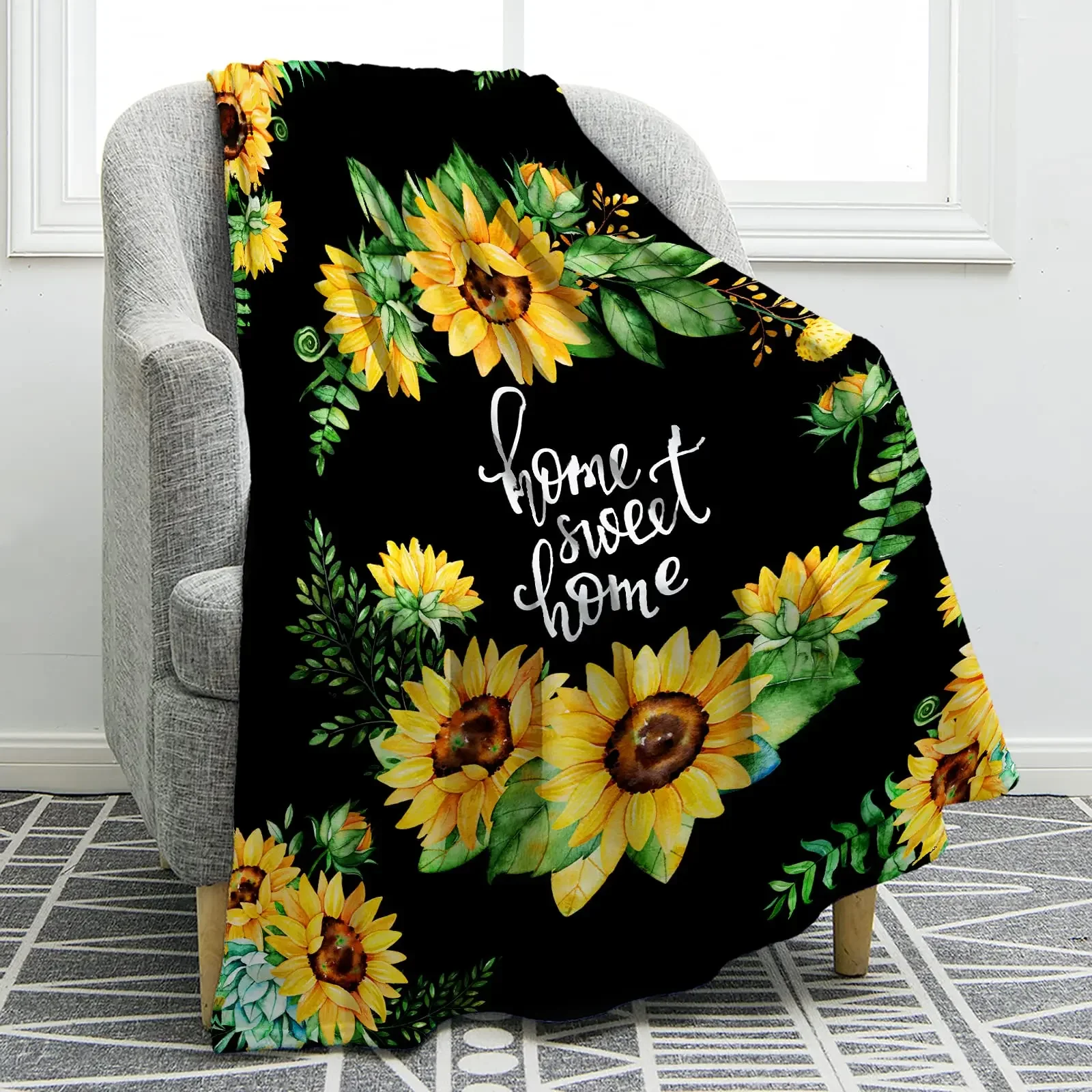 Sunflower Gifts Blanket Print Throw Soft Warm Lightweight Blanket for Women Birthday Christmas, Home Living Room Decor Black