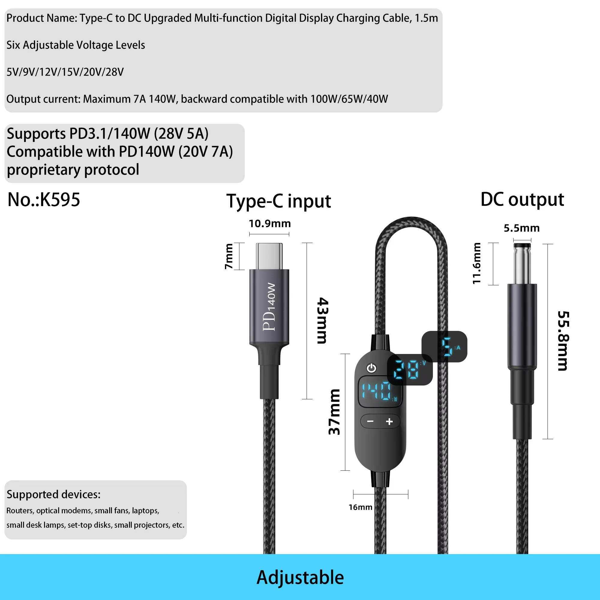 

1.5m USB C Input to DC 5.5mm Adjustable Output Charging Cable for Laptop, 5V 9V 12V 15V 20V 28V Power Cord with Digital Display