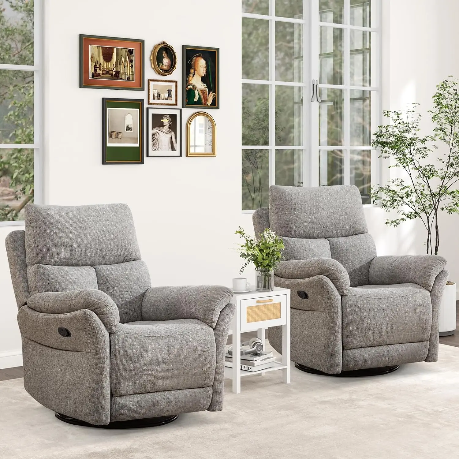 Manual Fabric Swivel Rocker Recliner Set of 2, Glider Nursery Chair, Home Theater Seating, Silver, Customized
