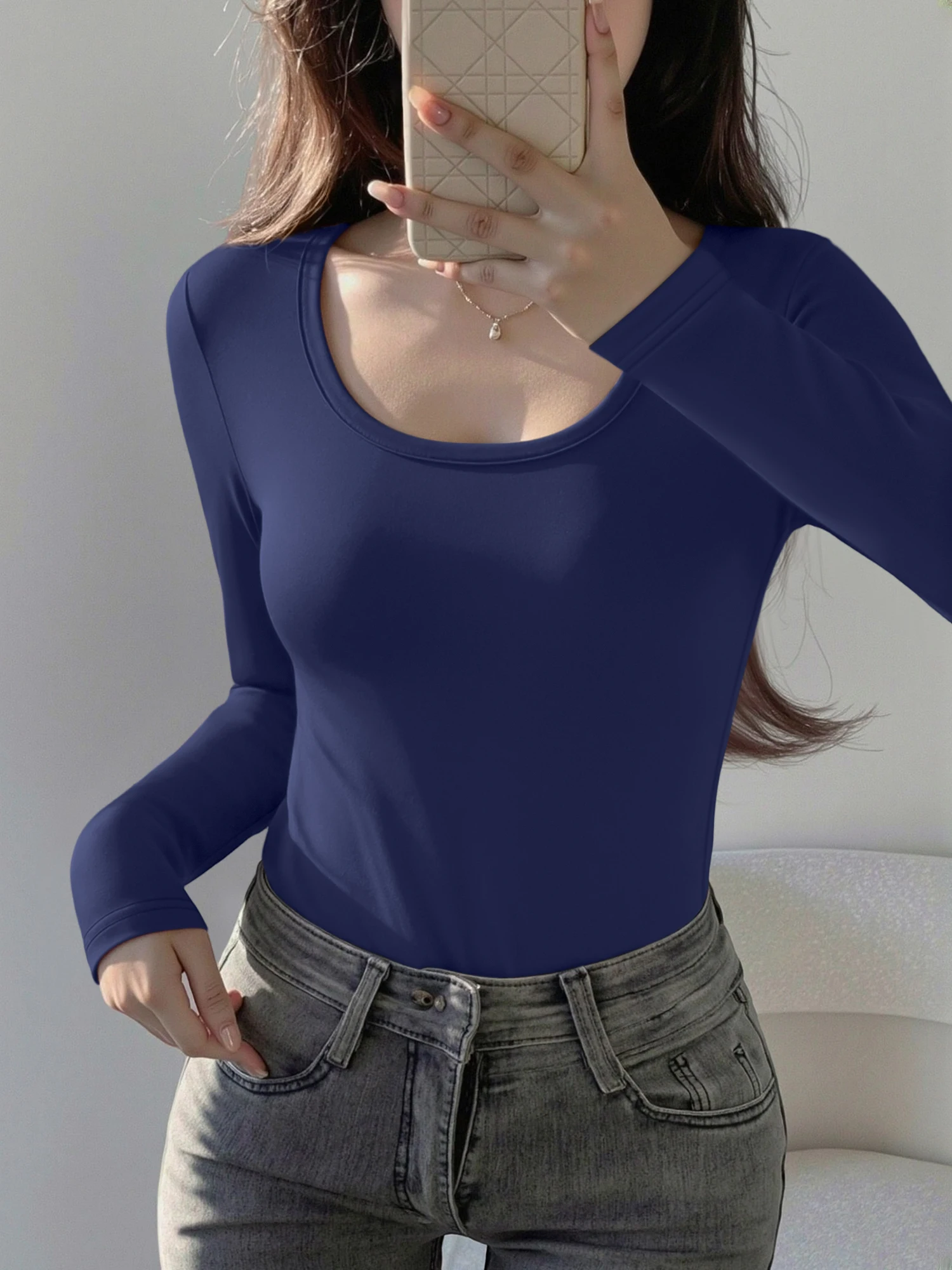 Camiseta interior de manga larga con cuello en U para múltiples ocasiones, camisa básica lisa para combinaciones con prendas exteriores