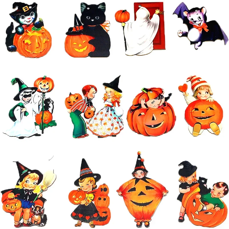 (12 teile/paket) Halloween Hexe Holz Zubehör Bemalte Kürbis Muster Einkaufszentrum Atmosphäre Party Dekoration DIY
