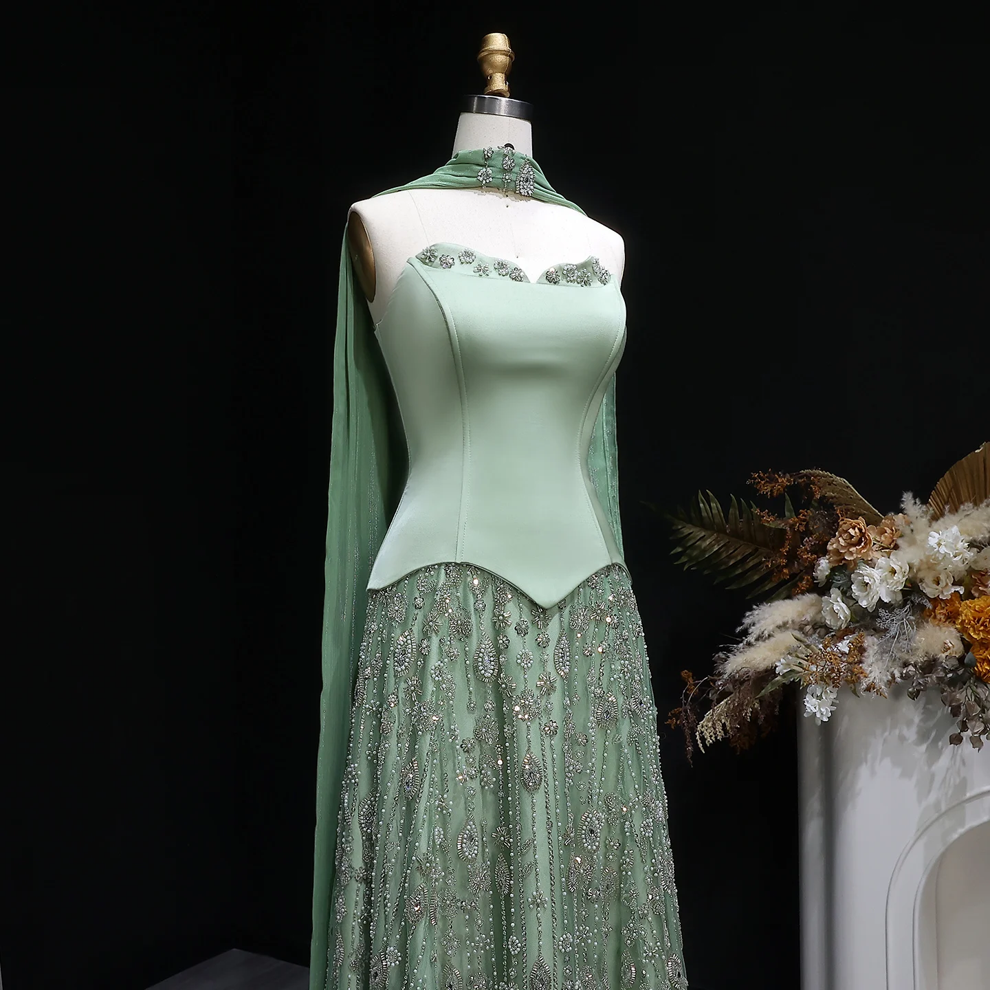 Sharon Said Arabisches Champagner-Perlen-Perlenbesetztes A-Linien-Abendkleid Schulterfrei mit Schal Damen Hochzeitsfeierkleid SS627 Maßanfertigung – Detail 6