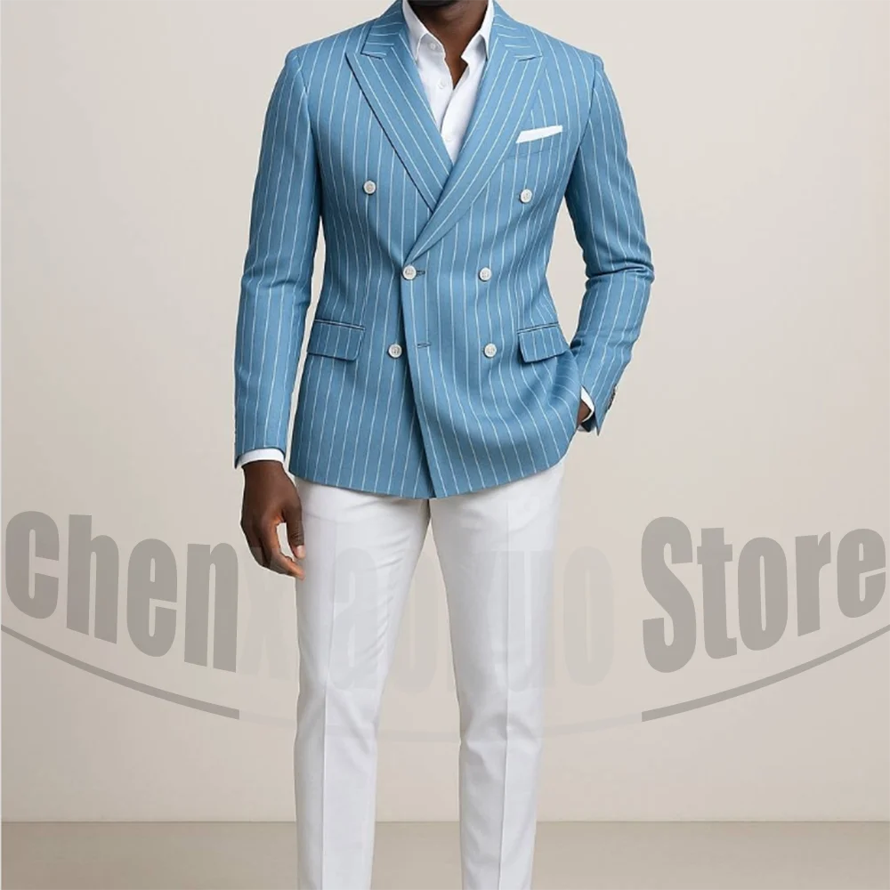 Men's Double Breasted Suit with Pinstripes Fashion Tailored Fit Formal Outfits for Business Casual Party Chic Male Suit 2 Piece