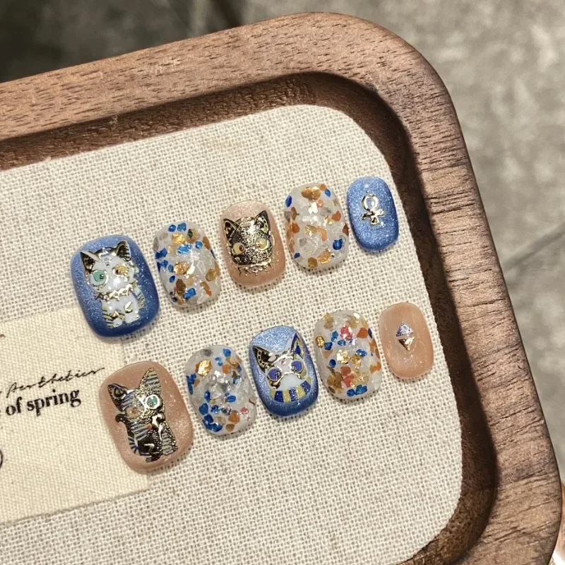 10Pcs Hand-painted Press on Nails Set Blue&brown Cool Retro Egyptian Cat Design False Nail for Women&Girls Party,daily Art Tips