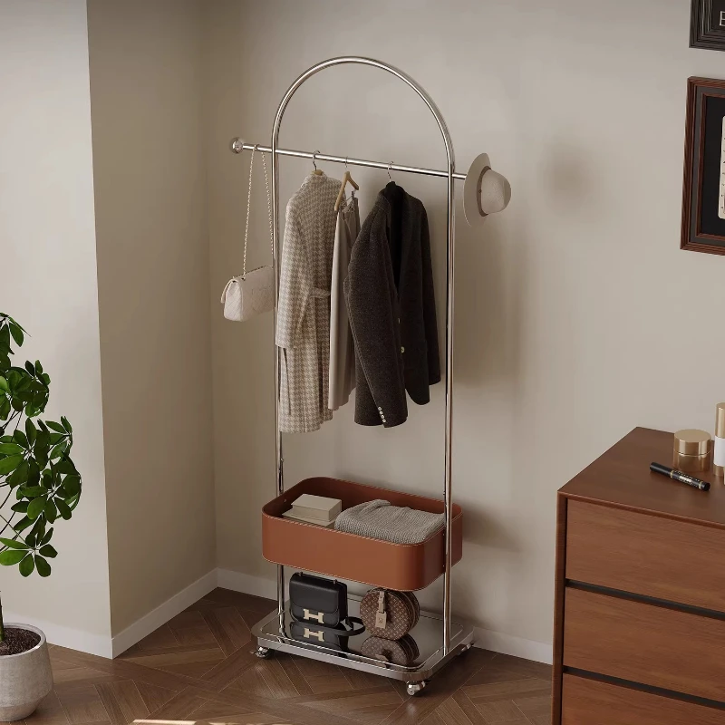 

Italian removable coat rack with basket saddle leather stainless steel light luxury bedroom floor-to-ceiling household
