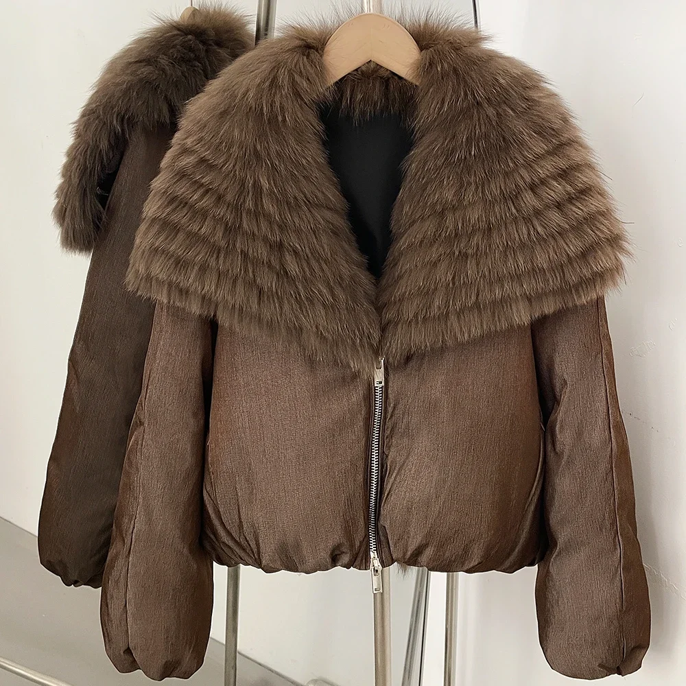 OFTBUY Oversized Quilted Outerwear Warm Winter Wear Smooth Zipper Duck Down Jacket Female Women Genuine Fox Fur Winter Coat