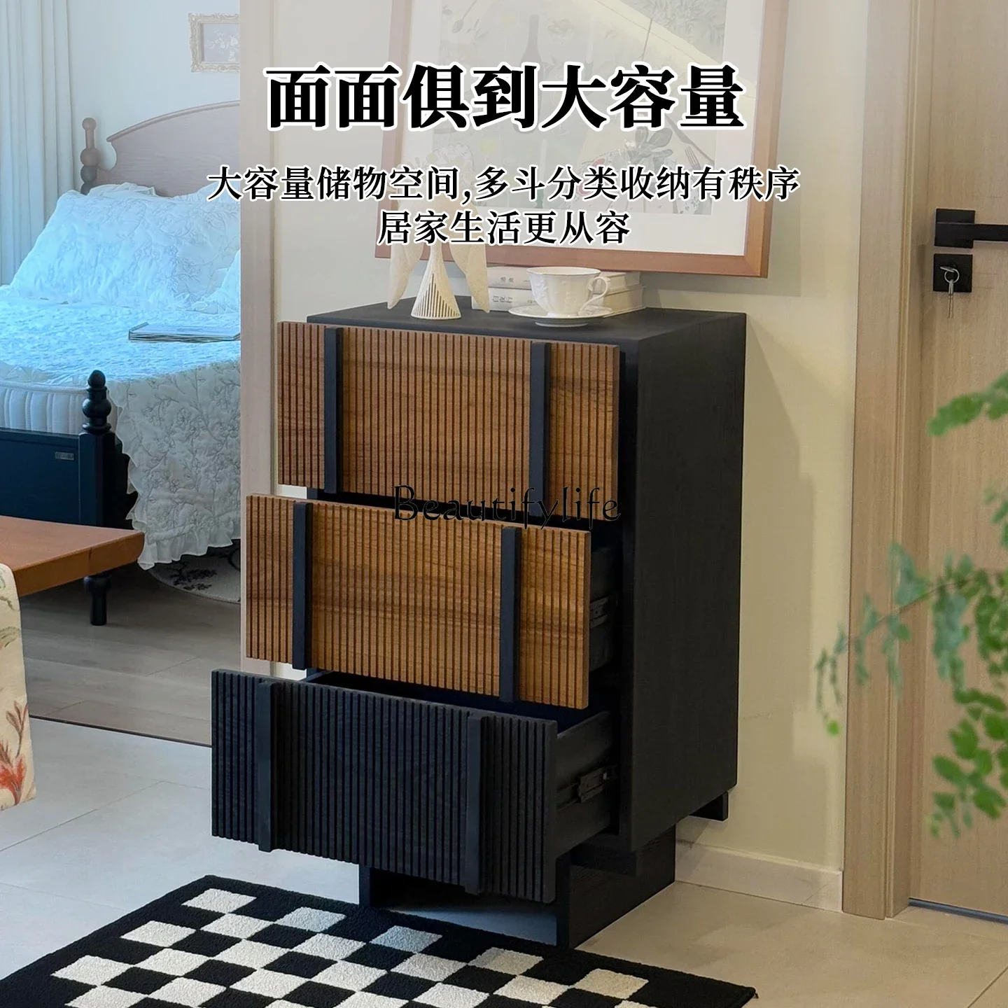 LXMedieval all-solid wood three-bucket cabinet, living room against the wall, double-color storage storage lockerSSS