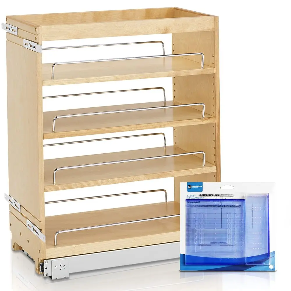 

448BC8C 8Inch Base Cabinet Pullout Storage Organizer with Adjustable Wood Shelves and Chrome Rails