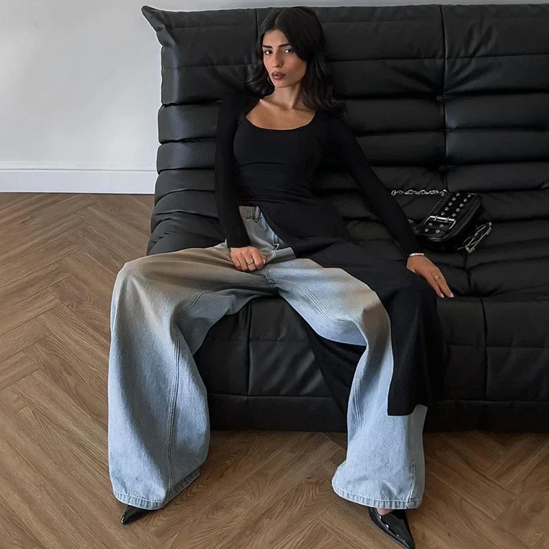 بلوزات نسائية ربيعية بأكمام طويلة ورقبة مربعة Y2k عالية الانقسام بقصة ضيقة ملابس خروج عصرية للخريف بلوزات نسائية #6