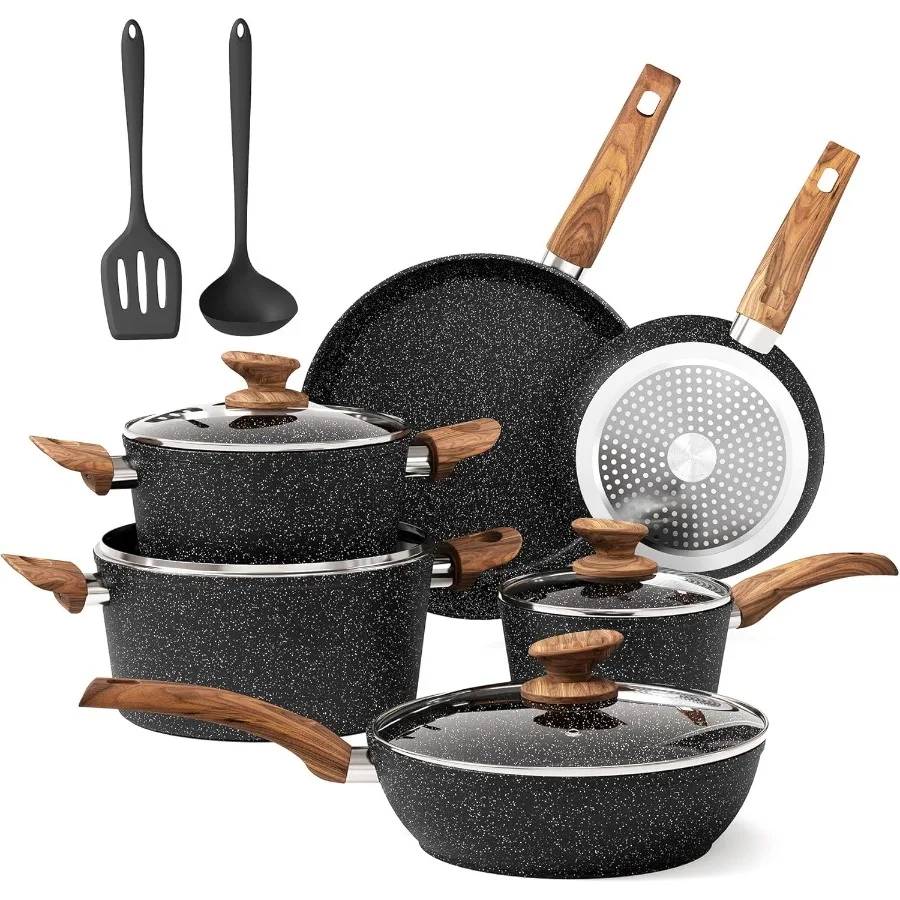 

Набор из 12 предметов с антипригарным гранитным индукционным посудом и сковородками для эффективного приготовления пищи, прочный черный костюм для кухонных кастрюль и сковородок