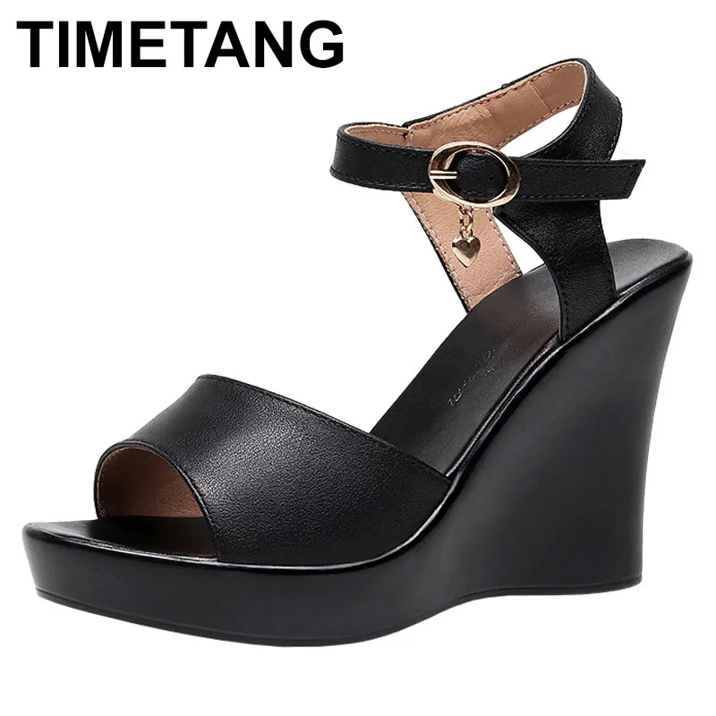 

Genuine Leather Women's Sandals Summer Platform Concise Wedge Heel Women Shoes Offers Dress Peep Toe Black