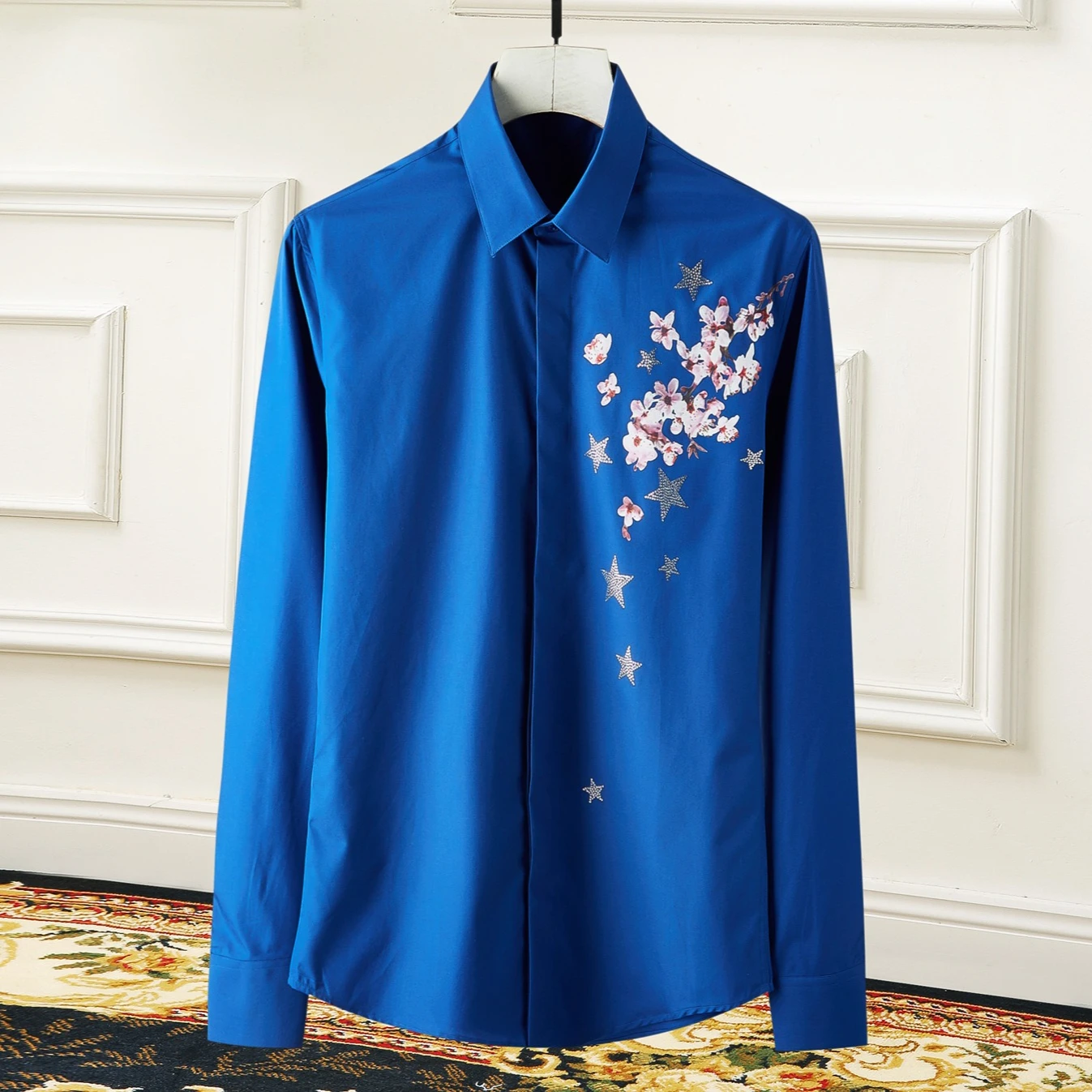 Brand Embroidered Rhinestone Flower Shirt Men Long Sleeve Business Dress Shirts Fashion Slim Tuxedo Banquet Party Men Clothing