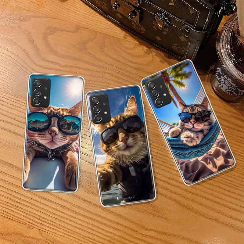 Cute Cat Wearing Sunglasses Phone Case For Galaxy Note 20 Ultra 10 Lite 9 8 Samsung A15 A25 A35 A55 A05S M12 M21 M30S M31 M32 M5