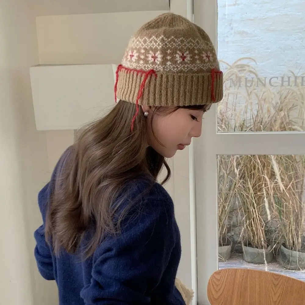 Lässige Wollstrickpullover-Mütze, hält warm, kältebeständig, Jacquard-Wollmütze, Polyester, einfarbig, Mütze für Mädchen