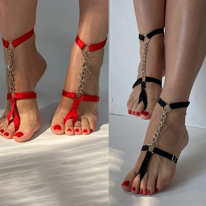 фChain Gothic Black Elastic Band Bandage Anklet Bracelet For Women High Heel Summer Barefoot Ankle Sandals Prom Foot Belt