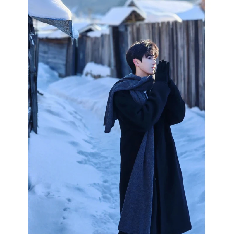 Cleanfit British Style Men's Black Woolen Coat Autumn Winter Thickened Medium Length Windbreaker High End Feeling Double Brea...