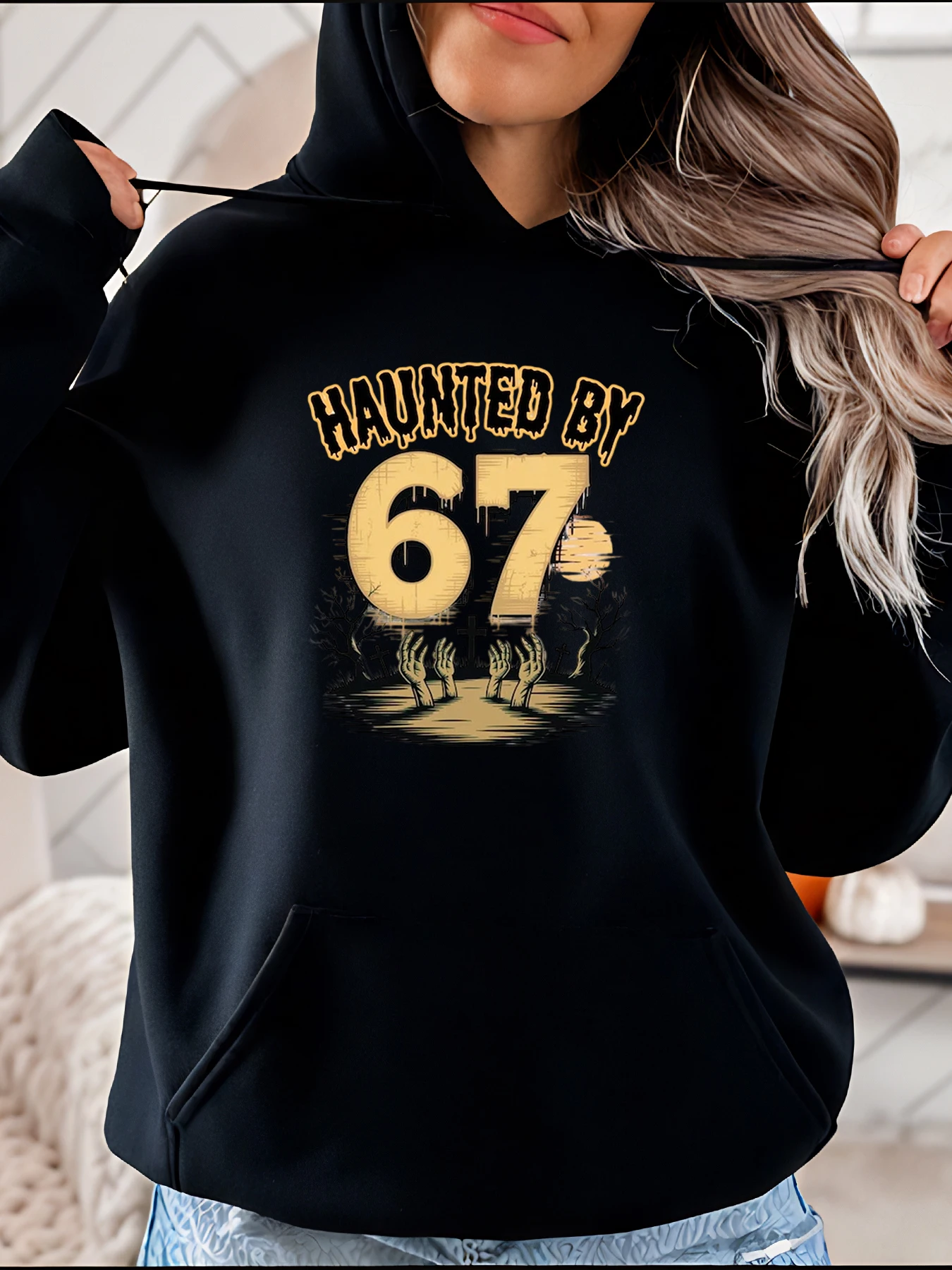 

Haunted by 67 Halloween Horror Print Hoodie Women's Casual Autumn Winter Sweatshirt for Fans of Spooky Themes