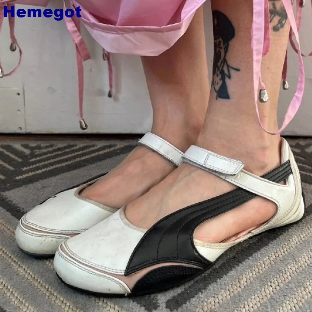 

Mixed Color Hollow Ballet Shoes 2024 Summer New Round Toe Street Stitching Flat Shoes Fashion Ladies Hook & Loop Mary Jane Shoes