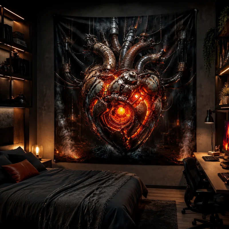 VIKAMA Japanese Cyberpunk Samurai Tapestry, Neon Cherry Blossom City Wall Hanging, Dark Sci-Fi Samurai Art Home Decor
