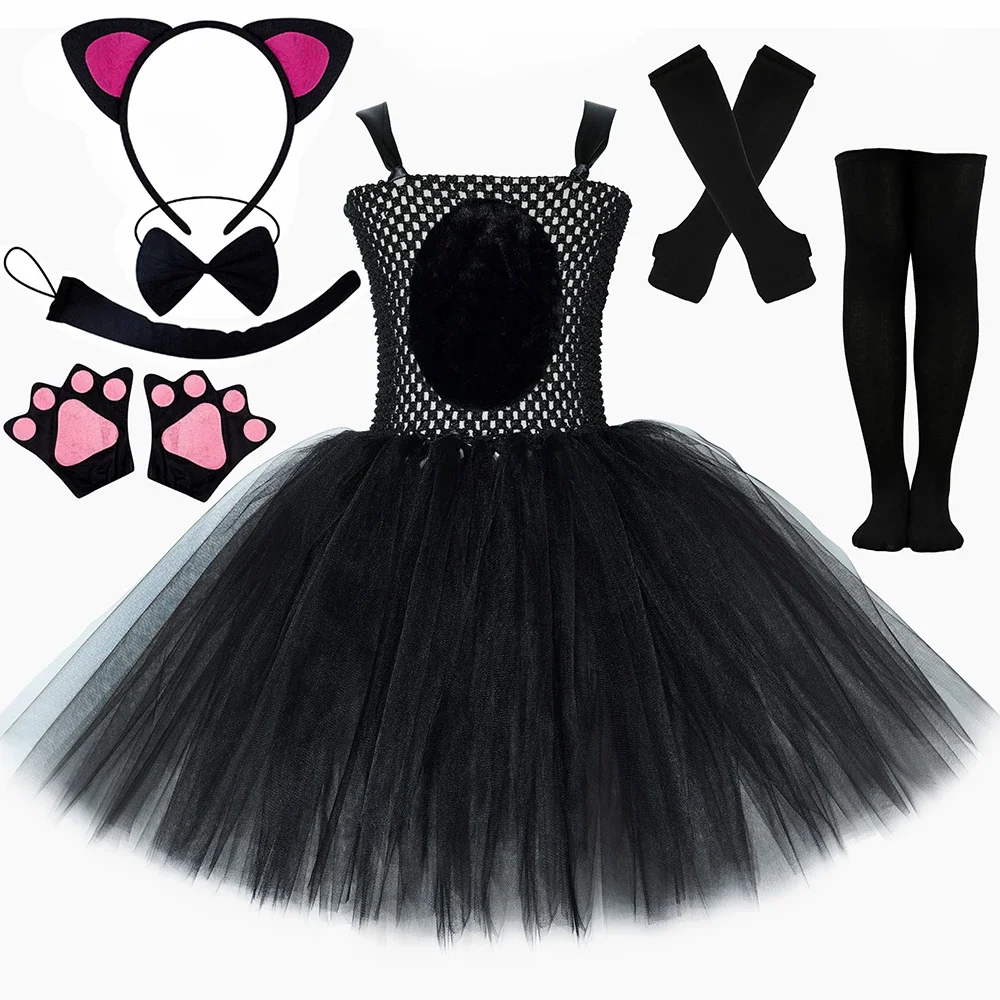 Kids Black Panther Cat Tutu Dress Costume for Girls Halloween Carnival Party Animal Dress Up Clothes Outfit with Ear Bowtie Tail