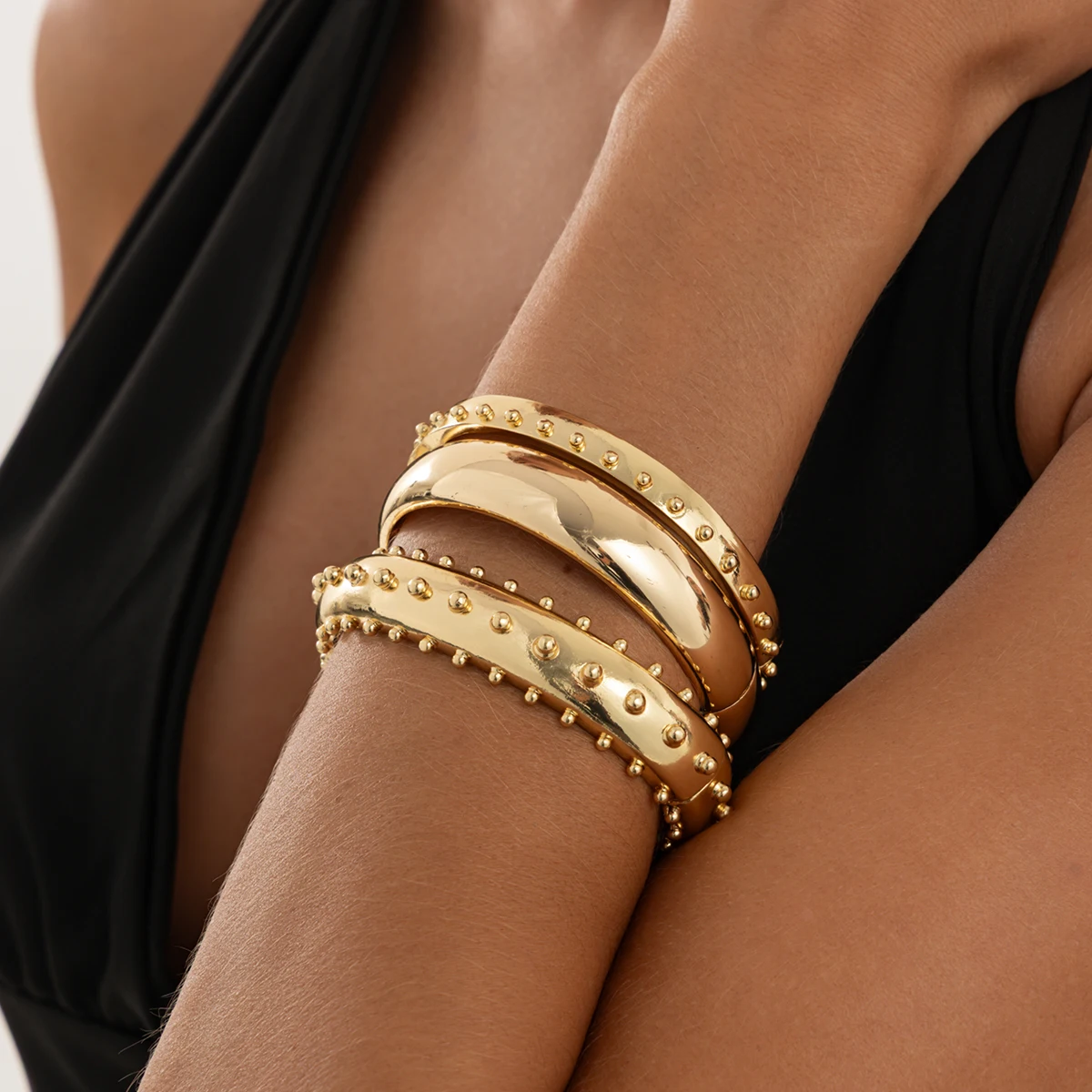 KunJoe 3Pcs/set Hip Hop Punk Gold Color Layered Stack Bracelet Women Retro Geometric Circle Cuff Spring Bangle Jewelry Accessory