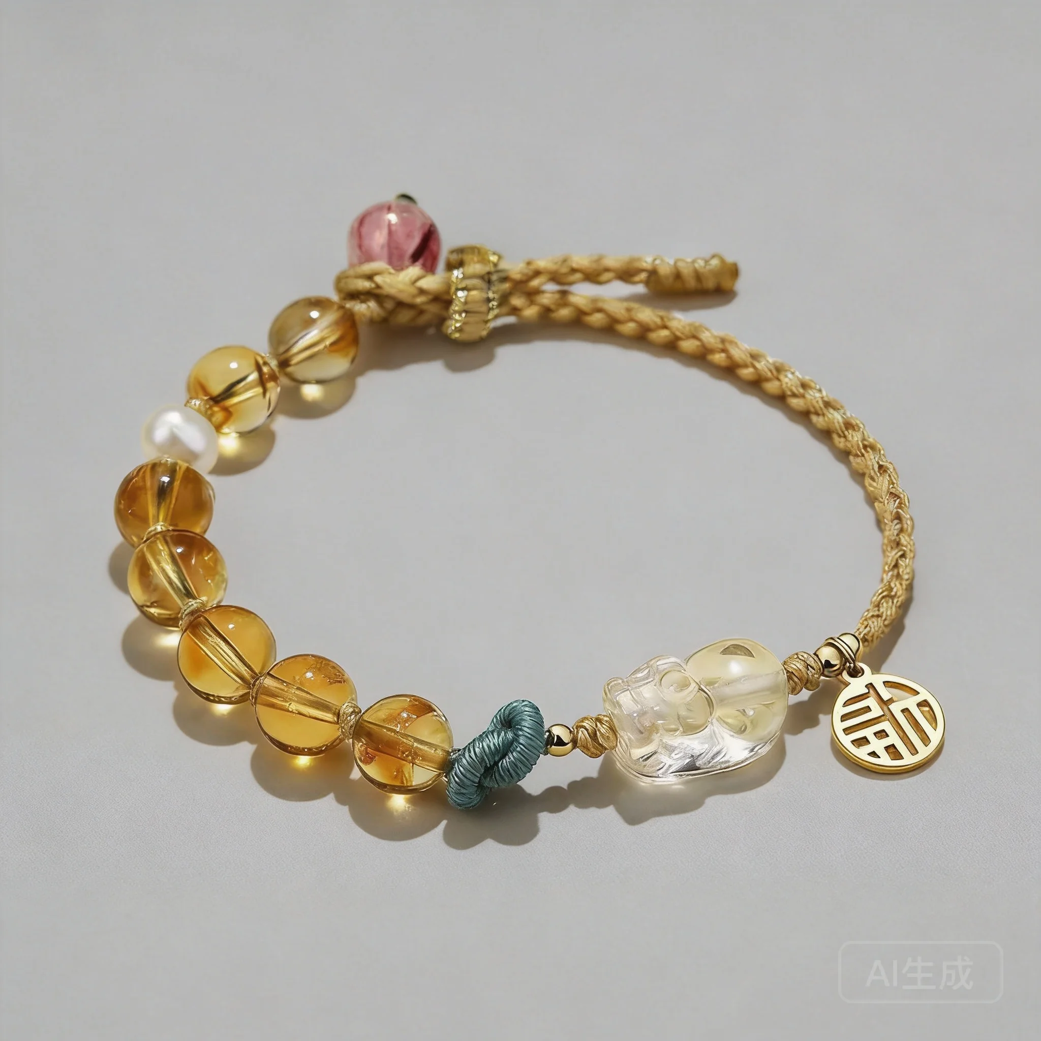 Chinese Style Lucky Fortune Natural Rutilated Quartz Pixiu Citrine Beads Fu Character Charm Adjustable Braided Bracelet For Wome