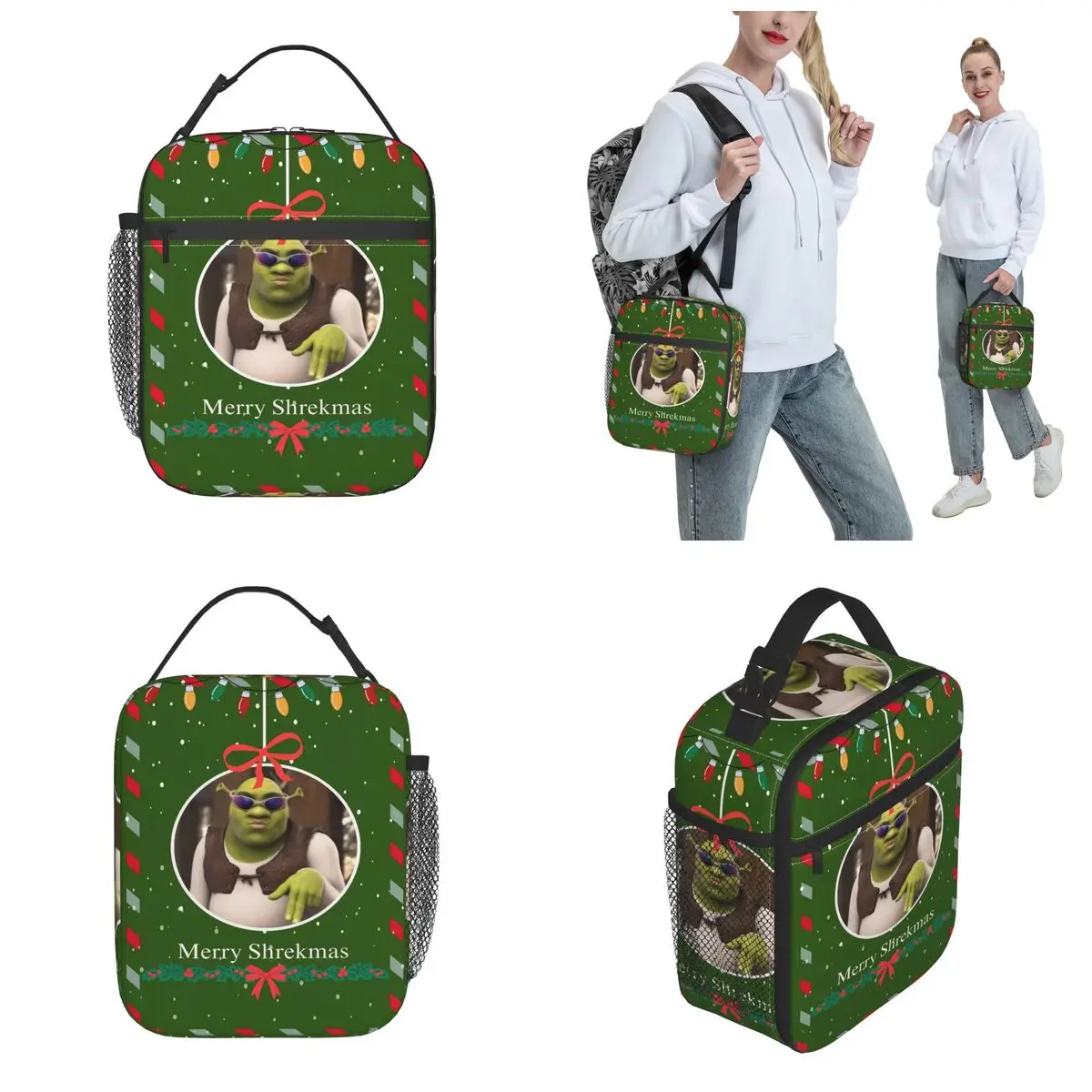 Comedy Merry Christmas Shreks Insulated Lunch Bags Thermal Bag Reusable Portable Tote Lunch Box for Men Women Beach Picnic