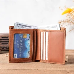 Mens Wallet Large Capacity Genuine Leather Vertical Design Bifold Wallets for Men with ID Window and 5 Card Slots Short Wallet