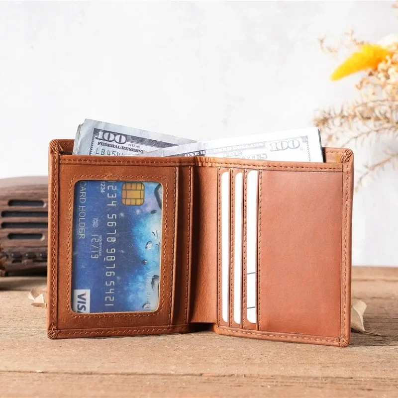 Mens Wallet Large Capacity Genuine Leather Vertical Design Bifold Wallets for Men with ID Window and 5 Card Slots Short Wallet