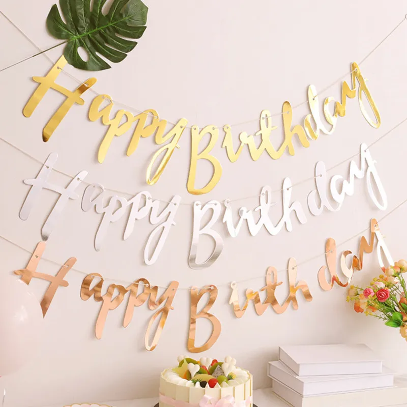 Gold Silber Alles Gute zum Geburtstag Banner Wimpelkette Papier Geburtstag Party Hängegirlande Banner Jungen Mädchen Babyparty Dekoration – Detail 3
