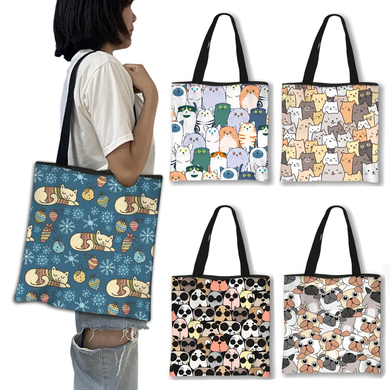 Kawaii Cartoon Dog Cat Totes Bag Puppy Kitten Canvas Shoulder Bag Harajuku Women Handbag Foldable Large Capacity Shopping Bags