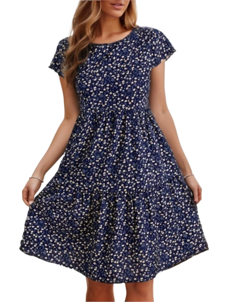 Casual Print Loose Dress Lady Fashion O-Neck Short Sleeve Pullover Dresses For Women Summer Boho Holiday Womens Clothing New