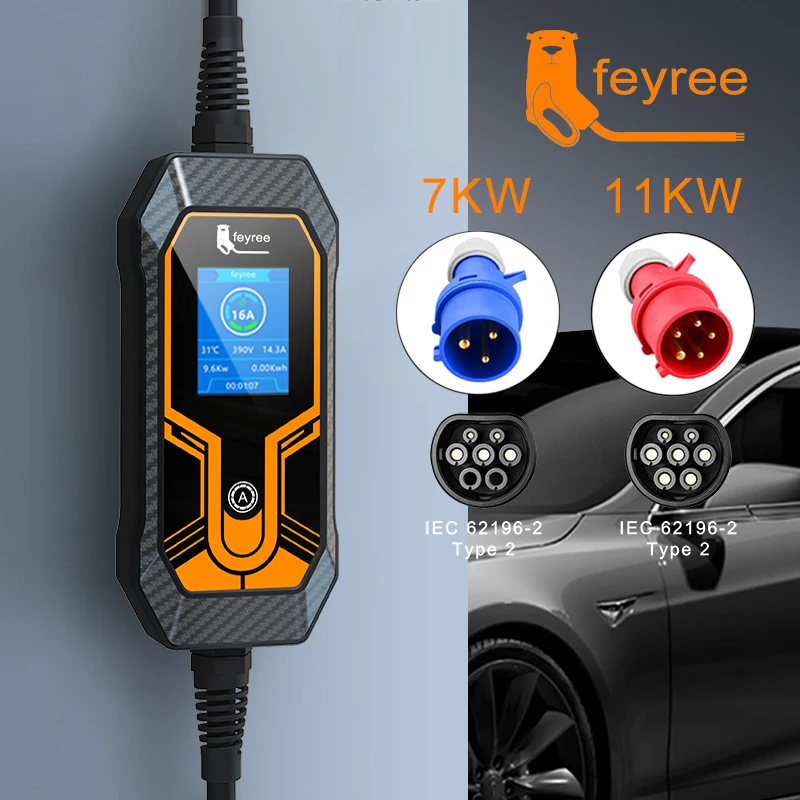 feyree 11KW 16A 3 Phase EV Portable Charger 32A 7KW Type2 5M Cable EVSE Charging Box Car Charger CEE Plug for Electric Vehicle