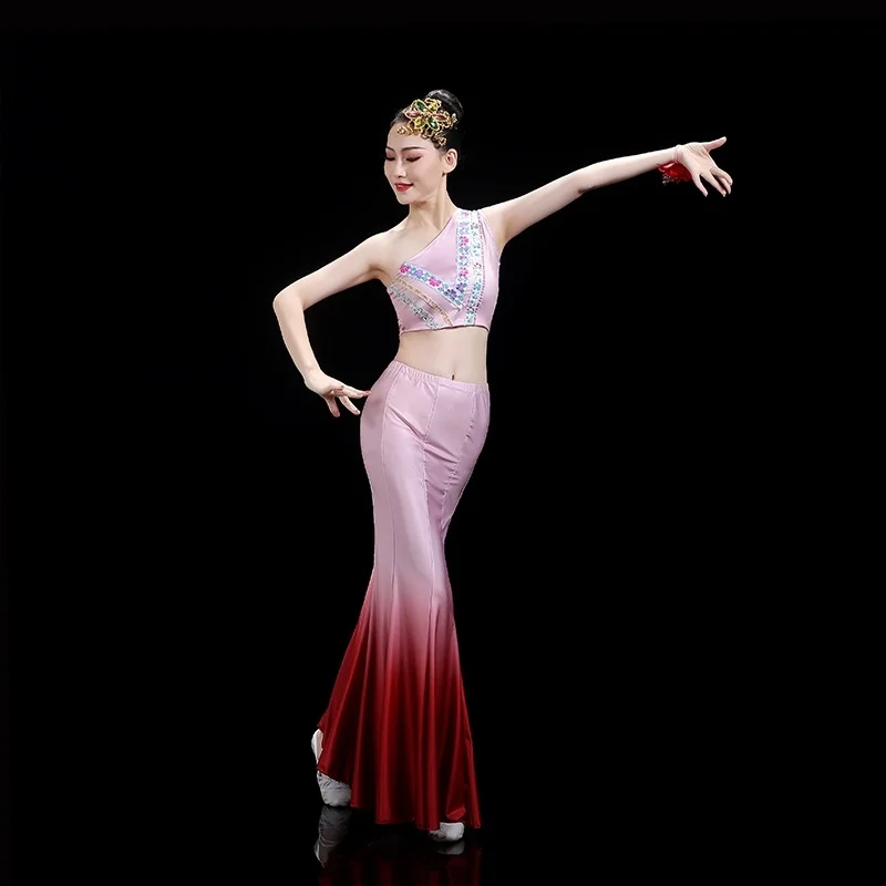 

Женская юбка для танцевальных выступлений, градиентная юбка-русалка, юбка для тренировок, детская юбка для художественных экзаменов, юбка для народных танцев